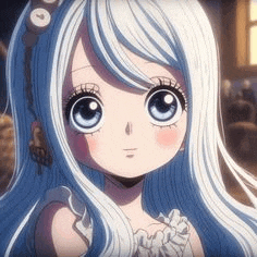 a little girl with long white hair and big blue eyes is wearing a white dress .