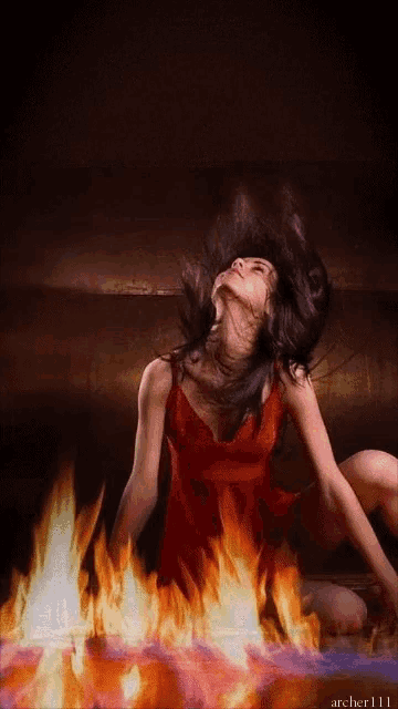 a woman in a red dress is surrounded by flames and the name archer111 is on the bottom
