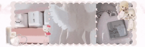 a collage of pictures of a hello kitty keyboard , a thermometer , a doll , and a clock