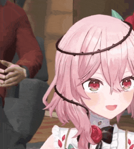 a girl with pink hair and red eyes is wearing a crown of thorns on her head