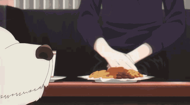 a girl with pink hair petting a white bear that has the letter m on its face
