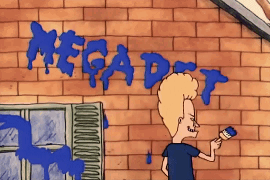 a cartoon of a man painting the word megadeth on a brick wall