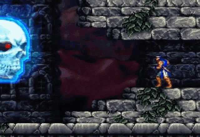a video game scene with a skull and a man in a blue shirt