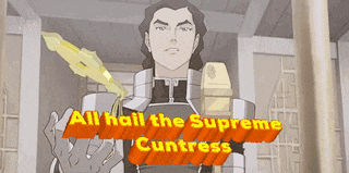 a cartoon of a man holding a sword with the words all hail the supreme cuntress below him