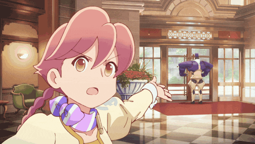 a girl with pink hair is pointing at something