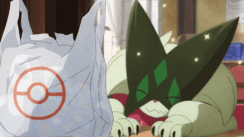 a white bag with a red circle with a pokemon on it
