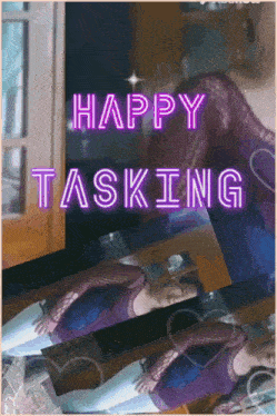 a woman is laying in front of a mirror with the words happy tasking written above her