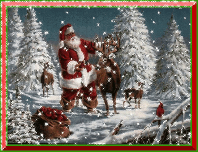 a painting of santa claus standing in the snow with reindeer