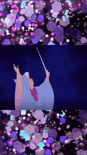 a fairy holding a wand in front of a purple background