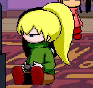 a pixel art of a girl with blonde hair sitting on a chair