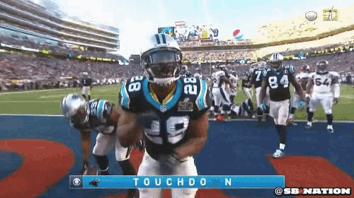 a football player in a carolina panthers uniform stands on the field