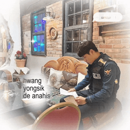a man in a police uniform is sitting on a couch reading a piece of paper