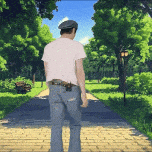 a man in a white shirt and blue jeans walking down a path in a park