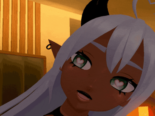 a close up of a cartoon character with horns and green eyes