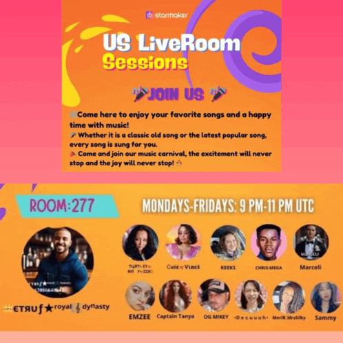 an advertisement for us liveroom sessions shows a man and a woman