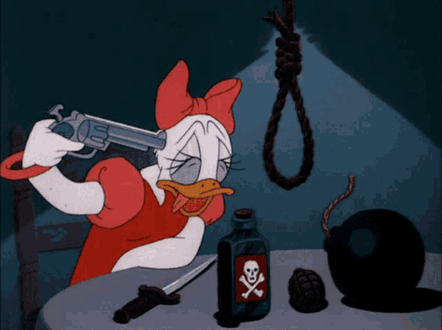 a cartoon of daisy duck holding a gun with a bottle of poison in front of her