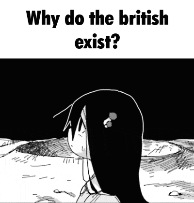 a black and white drawing of a girl with the words `` why do the british exist ? ''