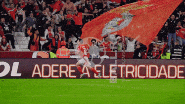 a soccer player celebrates a goal in front of a sign that says " adere a eletricade "