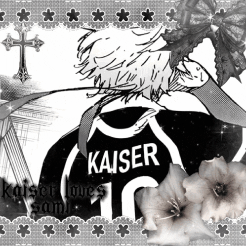 a black and white drawing of a person with kaiser on their shirt