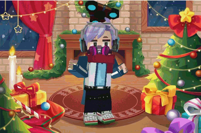 a pixel art of a person in a room with a christmas tree and presents