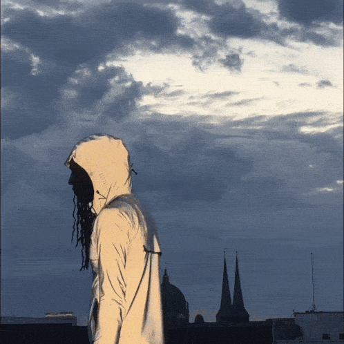 a person wearing a hooded jacket is standing in front of a cloudy sky