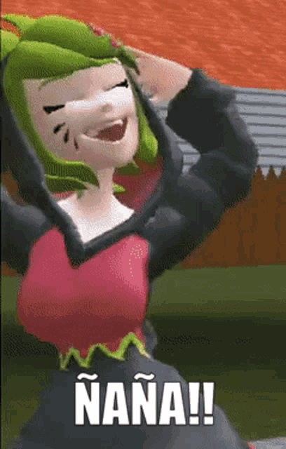 a cartoon girl with green hair and the word nana on the bottom right