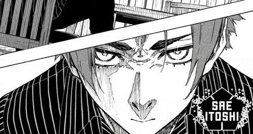 a black and white drawing of a man 's face with the name sae itoshi in the corner