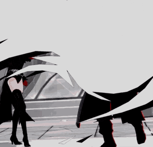 a woman with red hair is standing next to a man in a black coat .