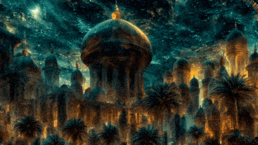 a painting of a city with domes and palm trees at night