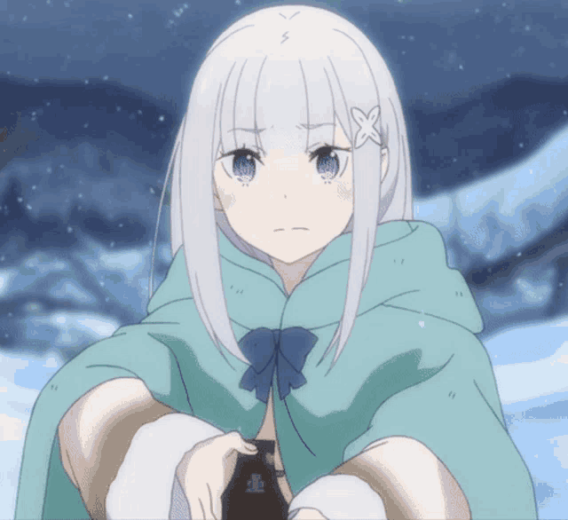 a girl with white hair and purple eyes wearing a cape