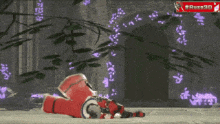 a video game character is crawling under a tree with purple flowers in the background and a red sign that says #ruzo3d
