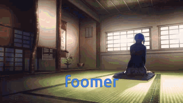 a woman sits on a mat in a room with the word foomer in blue