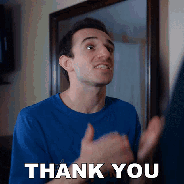 a man in a blue shirt is clapping his hands with the words thank you below him