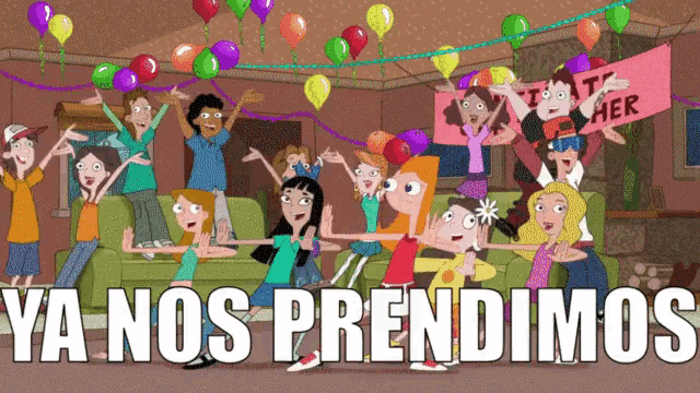 a group of cartoon characters are celebrating with balloons and a sign that says " ya nos prendimos "