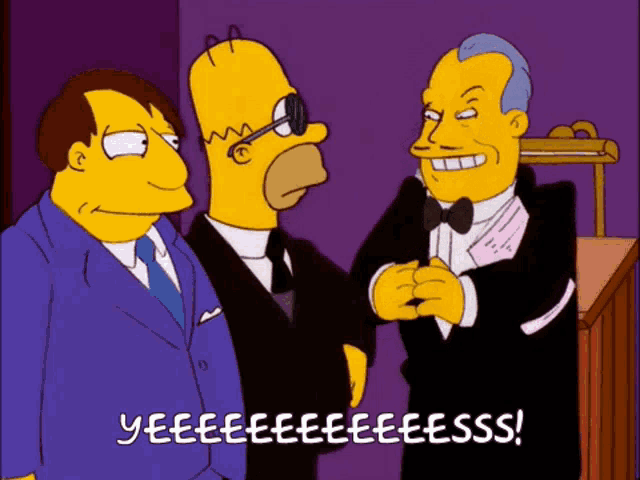a cartoon of homer simpson talking to a man in a suit