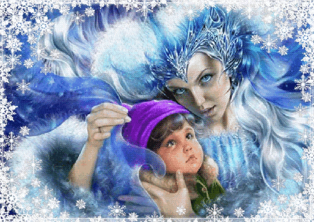 a painting of a woman holding a child with snowflakes surrounding them