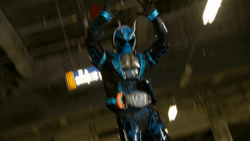 a person in a blue and black superhero suit is flying through the air