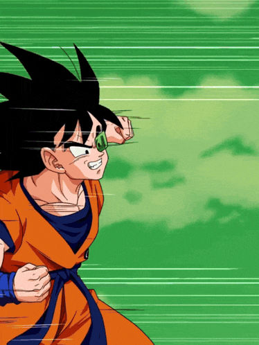 a cartoon drawing of a young goku with a green eye