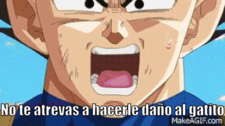 a close up of a dragon ball z character with his mouth open and the words no te atrevas a hacerle daño al gatito