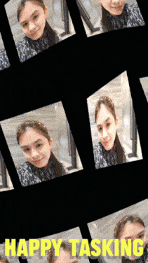 a collage of pictures of a woman with the words happy tasking in yellow