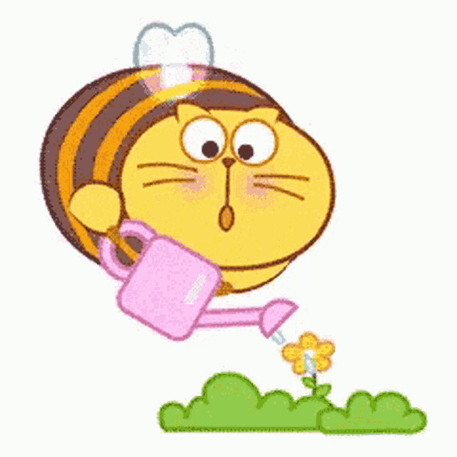 a cartoon cat is wearing a bee hat and watering a flower with a pink watering can .