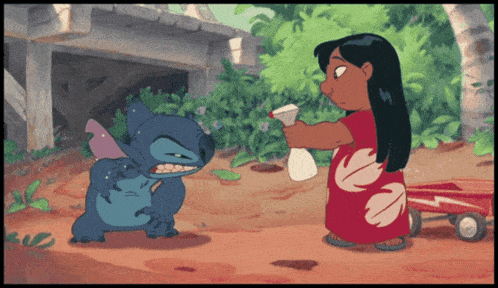 a cartoon of lilo and stitch spraying each other
