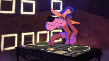 a cartoon dog wearing headphones playing music