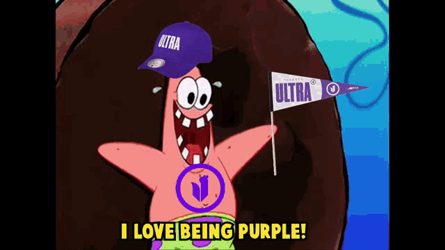 patrick star from spongebob is wearing a purple hat and holding a purple flag that says ultra