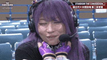 a woman with purple hair is wearing headphones and a microphone with the words stardom the conversion above her
