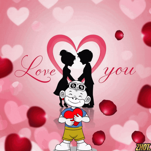 a cartoon of a boy holding a heart in front of a heart with the words love you on it