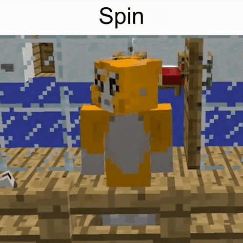 a minecraft character is standing on a wooden dock with the word spin below it .
