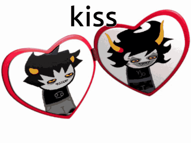 a couple of hearts with cartoon characters inside of them and the word kiss above them