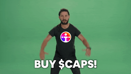 a man wearing a shirt that says buy caps