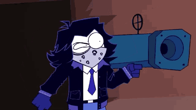 a cartoon character in a suit and tie is holding a large gun .